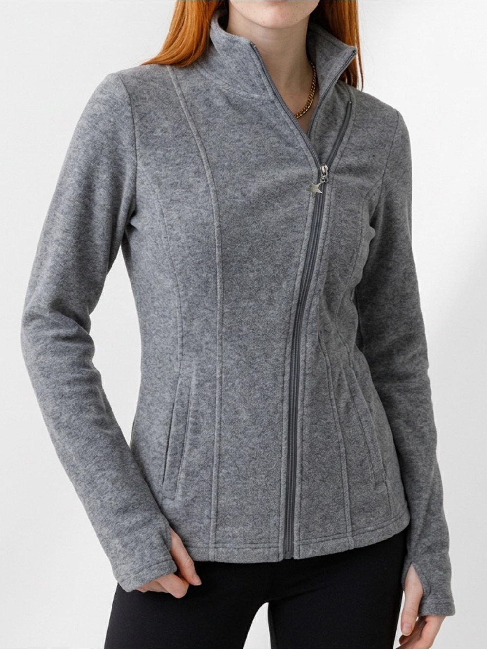 Women's Grey Fitted Utility Jacket Sweater with Asymmetrical Star Zipper